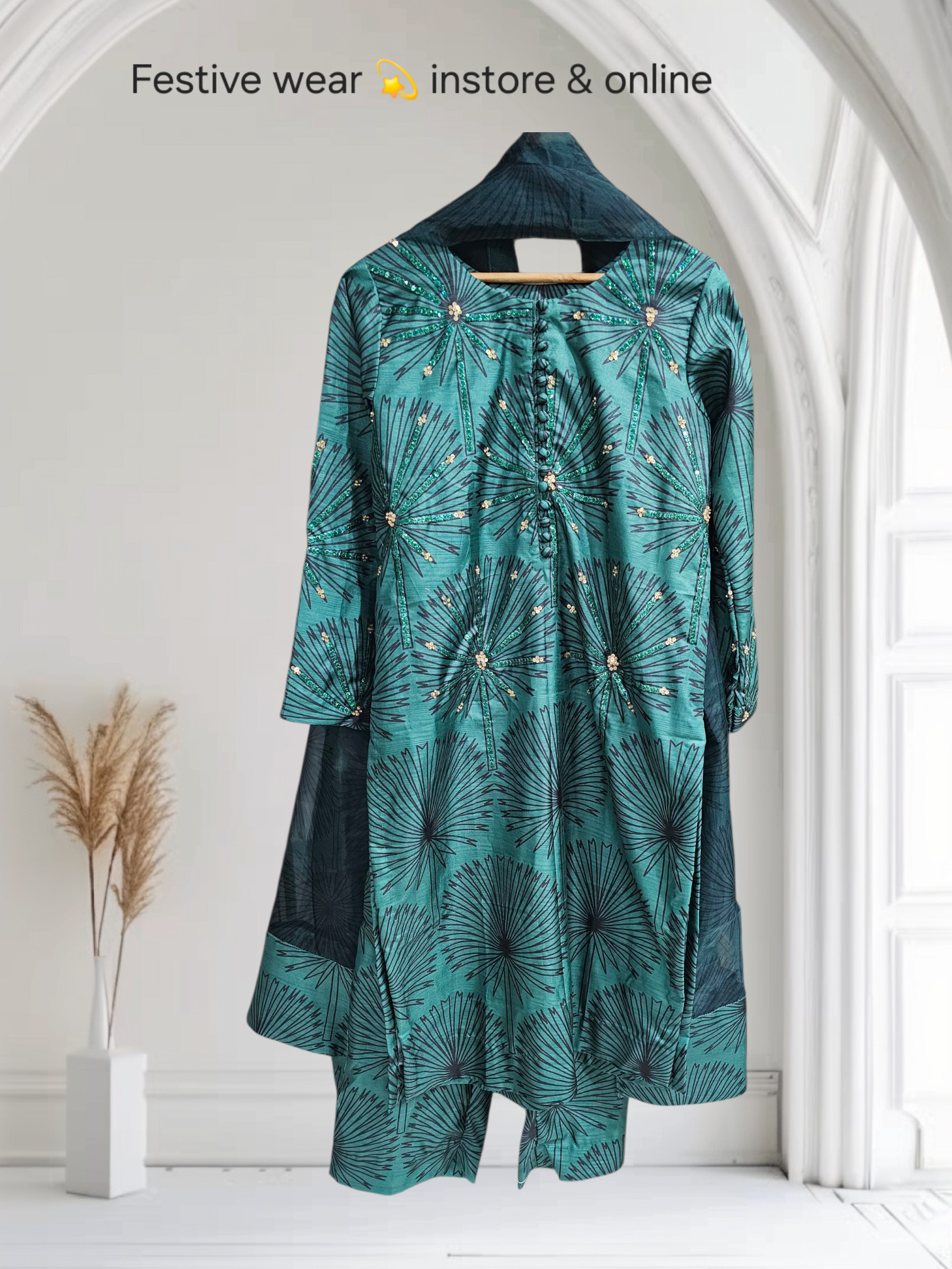 Teal Radiance Hand-Embellished  Dress