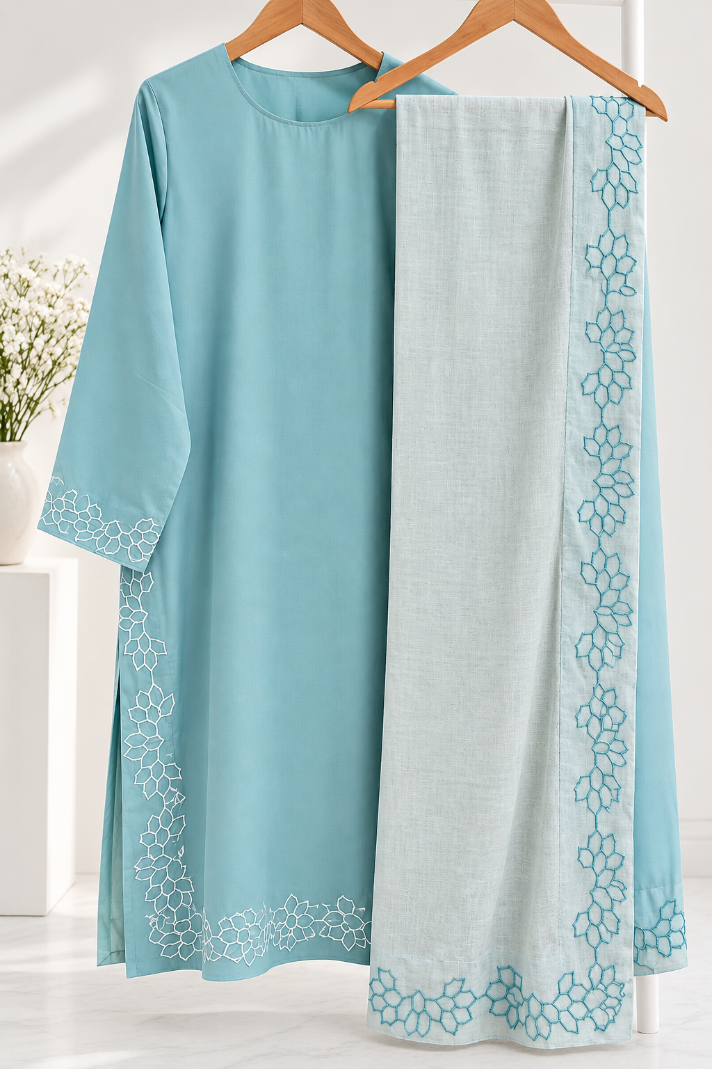 Aqua Serenity – Floral Embroidered Kurta Set