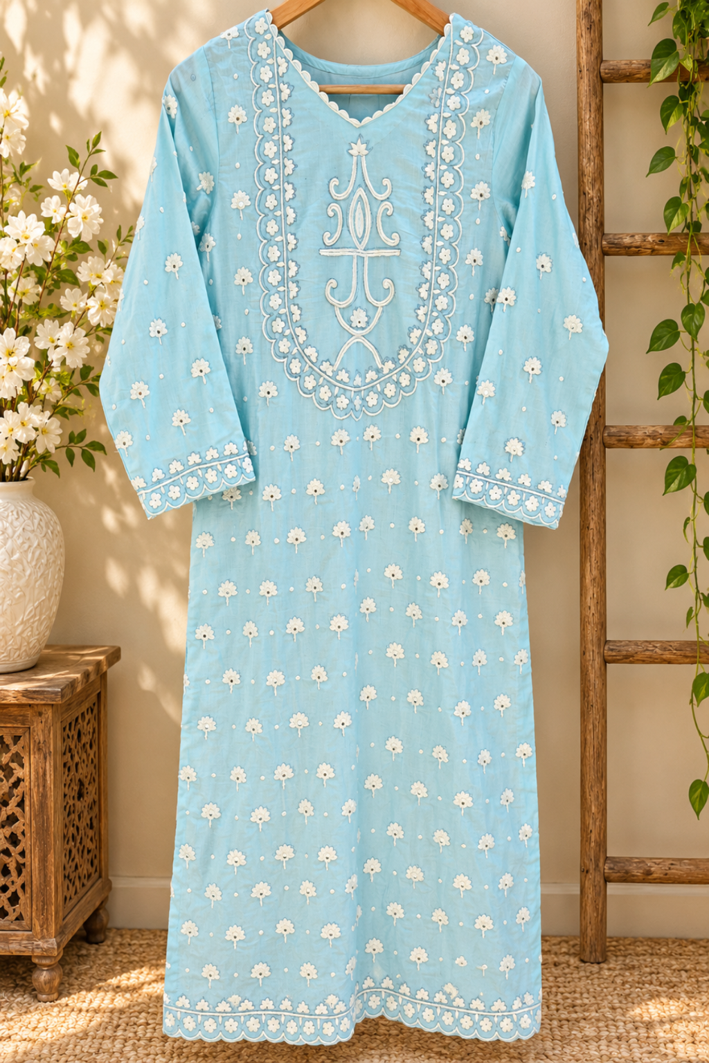 Sky Bloom Hand-Embroidered Mirror Work Shirt