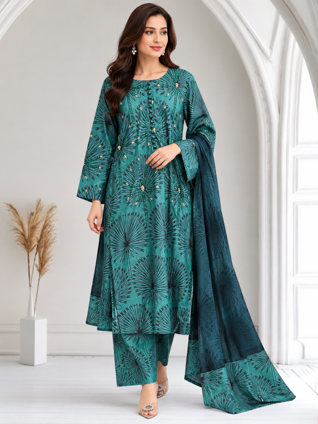 Teal Radiance Hand-Embellished  Dress