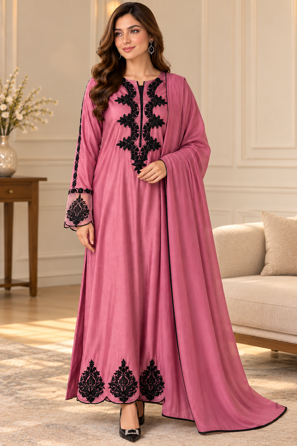 Fuchsia Bloom , Mauve Bloom  – Black Embellished Elegance