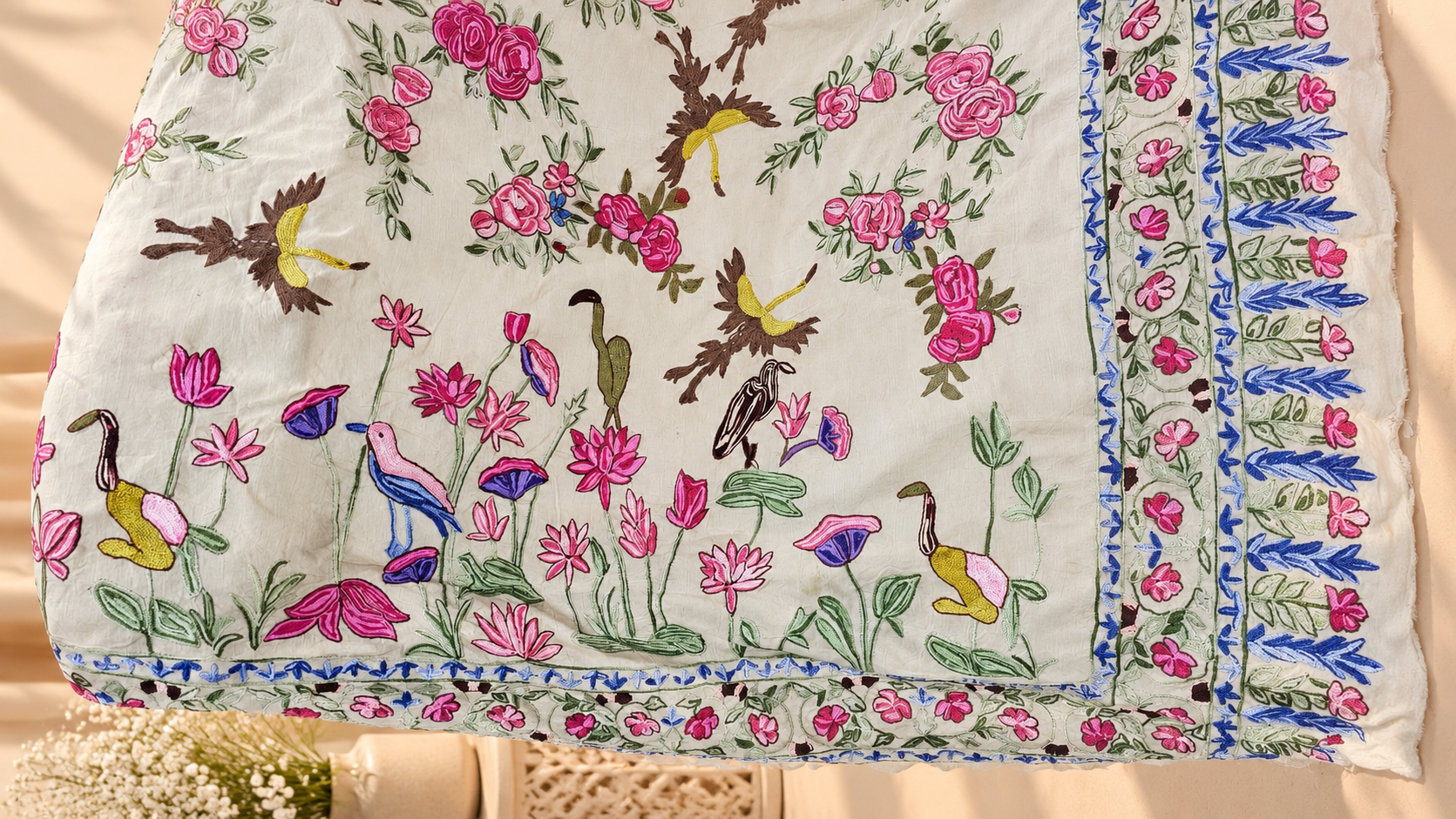 Garden Reverie – Hand-Embroidered Silk Shawl