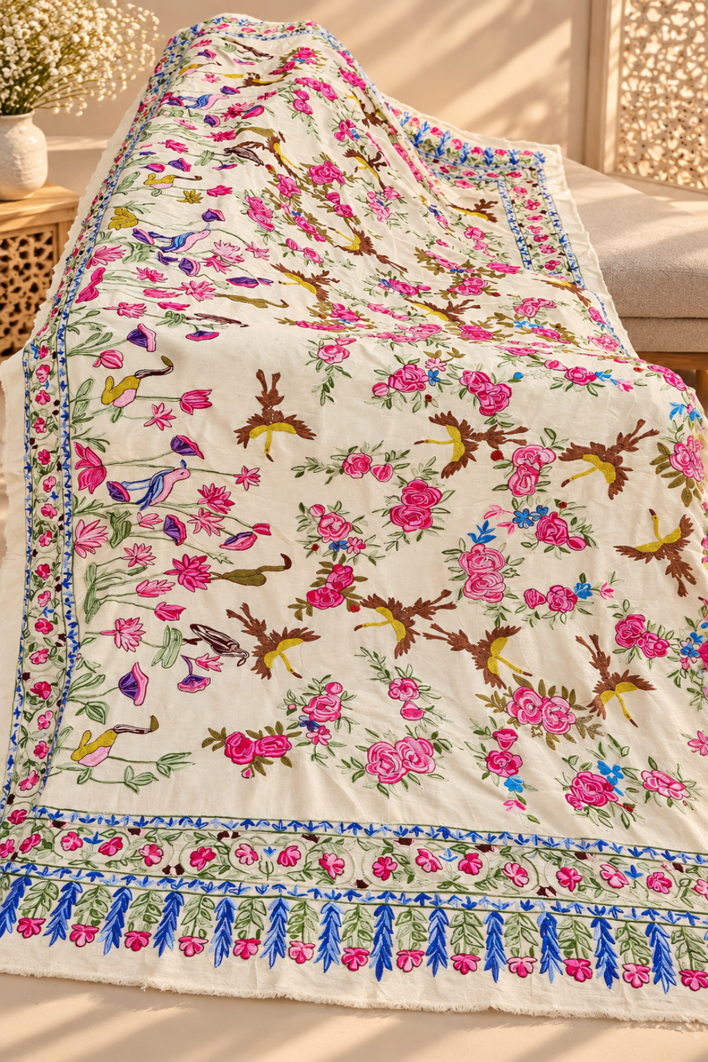 Garden Reverie – Hand-Embroidered Silk Shawl
