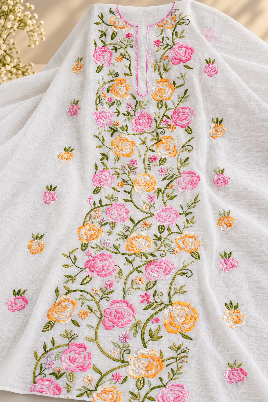 Ivory Pastel Rose Garden – Hand Embroidered Lawn