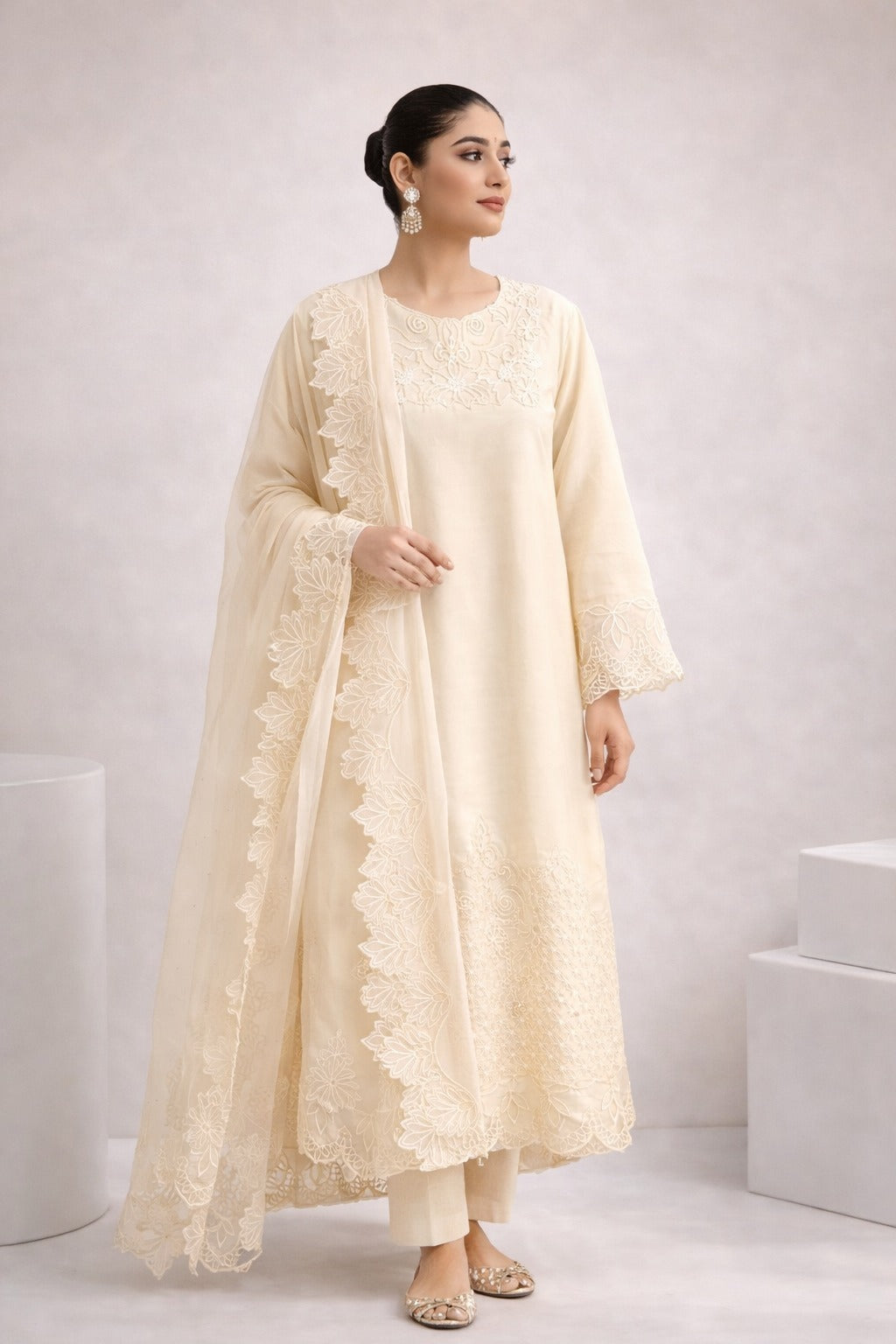White Charm –  Embroidered 3-Piece Suit