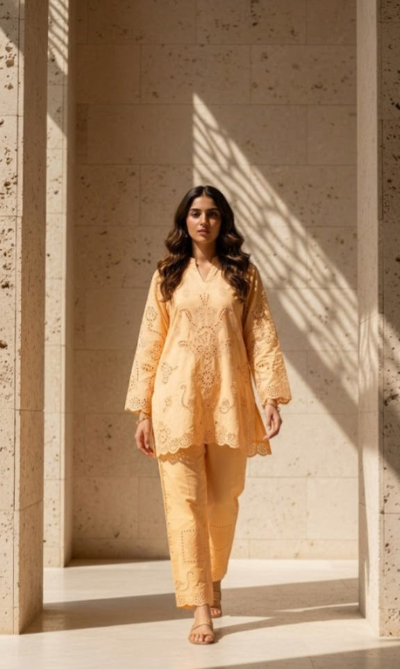 Peach Glow Embroidered Lawn Co-Ord Set