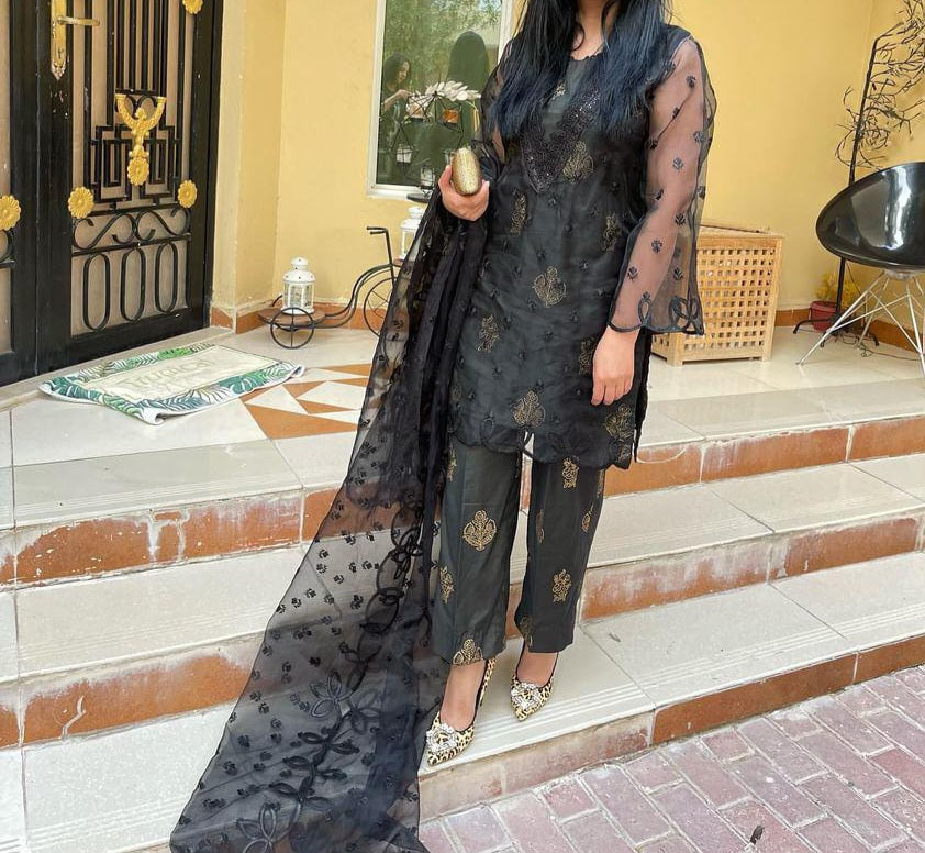 Midnight Charm – Black Embroidered 3-Piece Suit