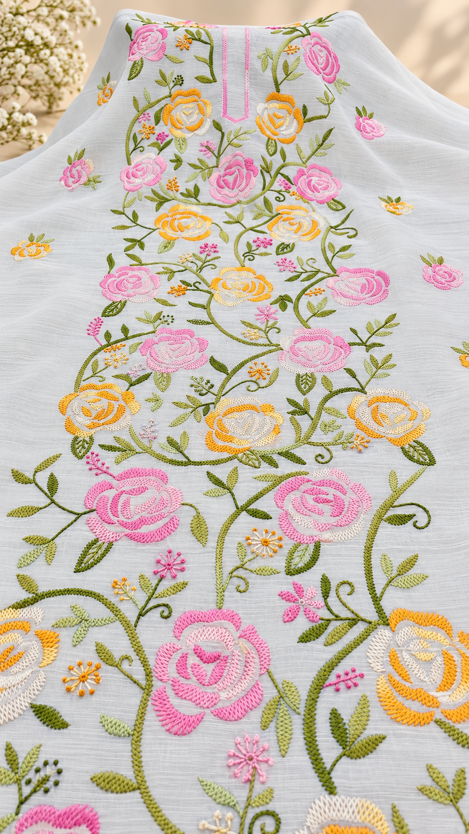 Ivory Pastel Rose Garden – Hand Embroidered Lawn
