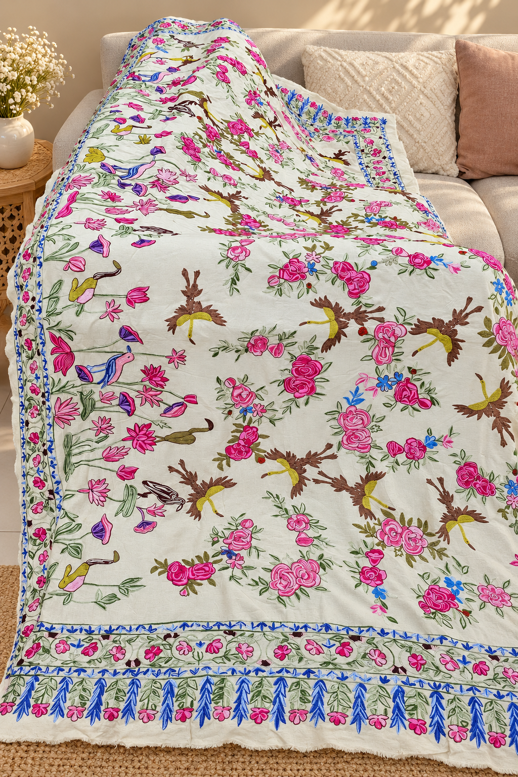 Garden Reverie – Hand-Embroidered Silk Shawl