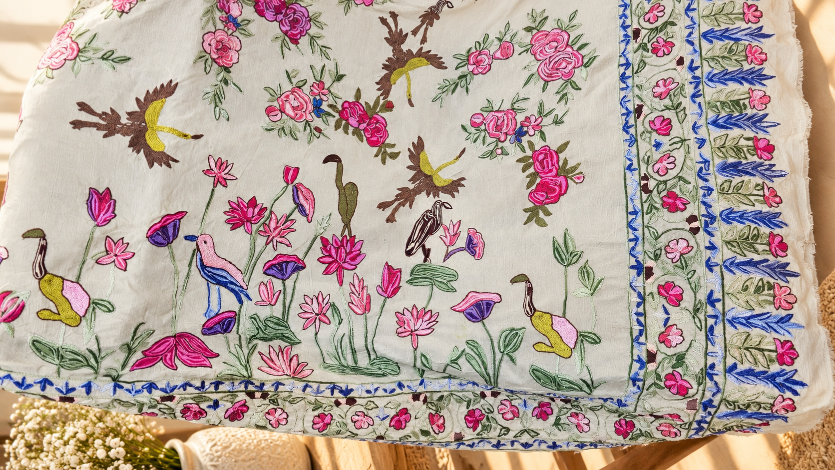 Garden Reverie – Hand-Embroidered Silk Shawl