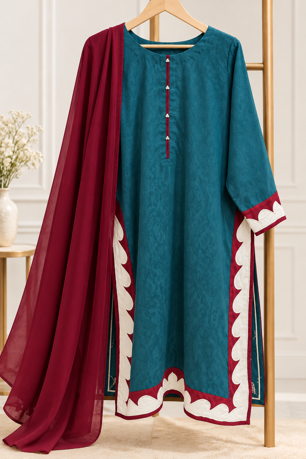 Teal Elegance – Jacquard Kurta with Maroon Shawl