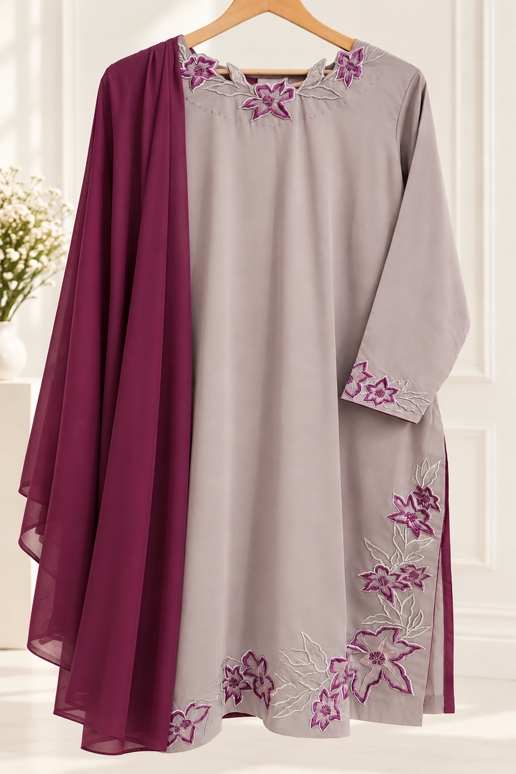 Mauve Blossom – Embroidered Kurta with Plum Dupatta