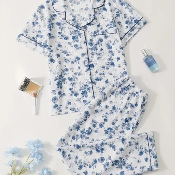 Women Sleepwear, Blue Floral/White