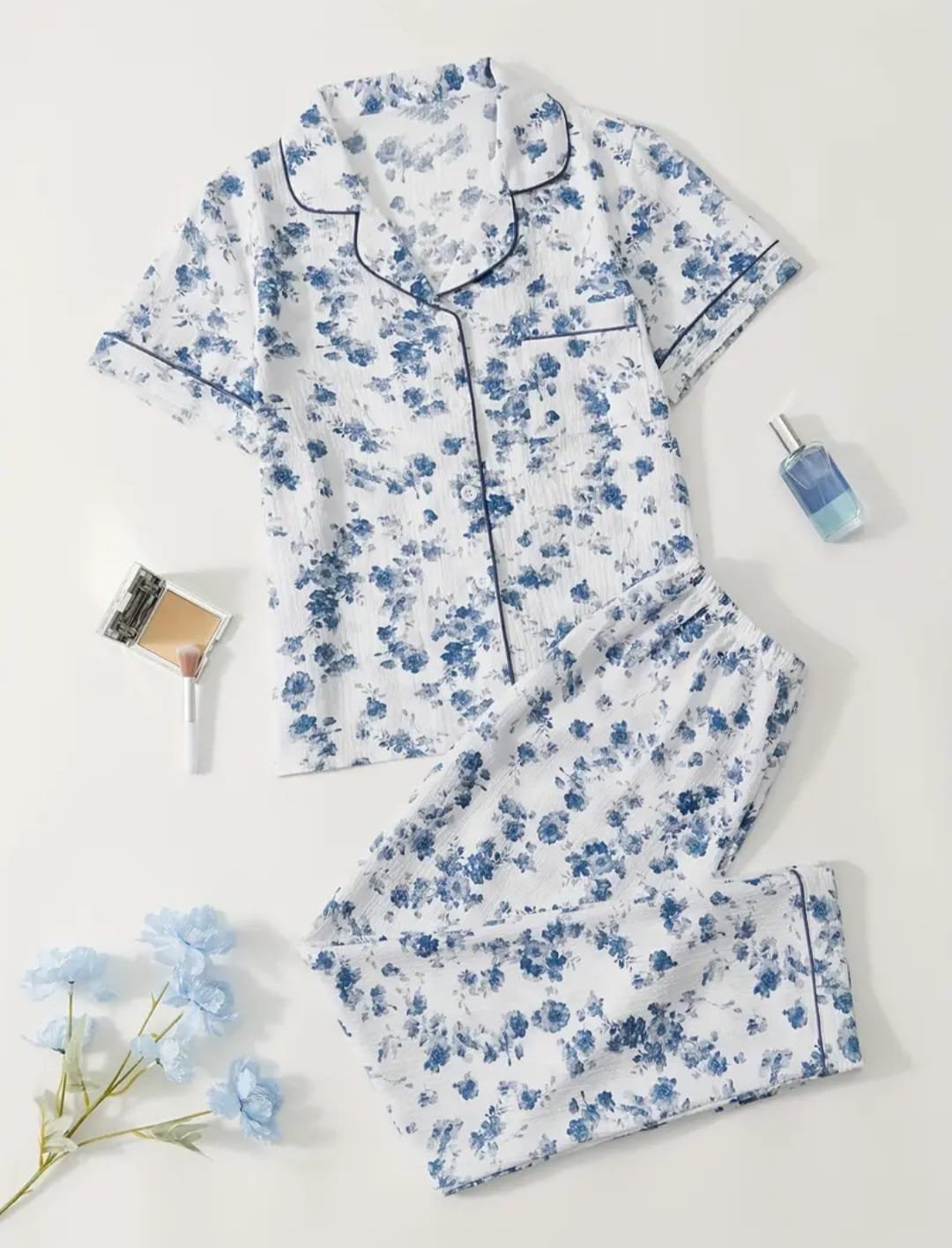 Women Sleepwear, Blue Floral/White