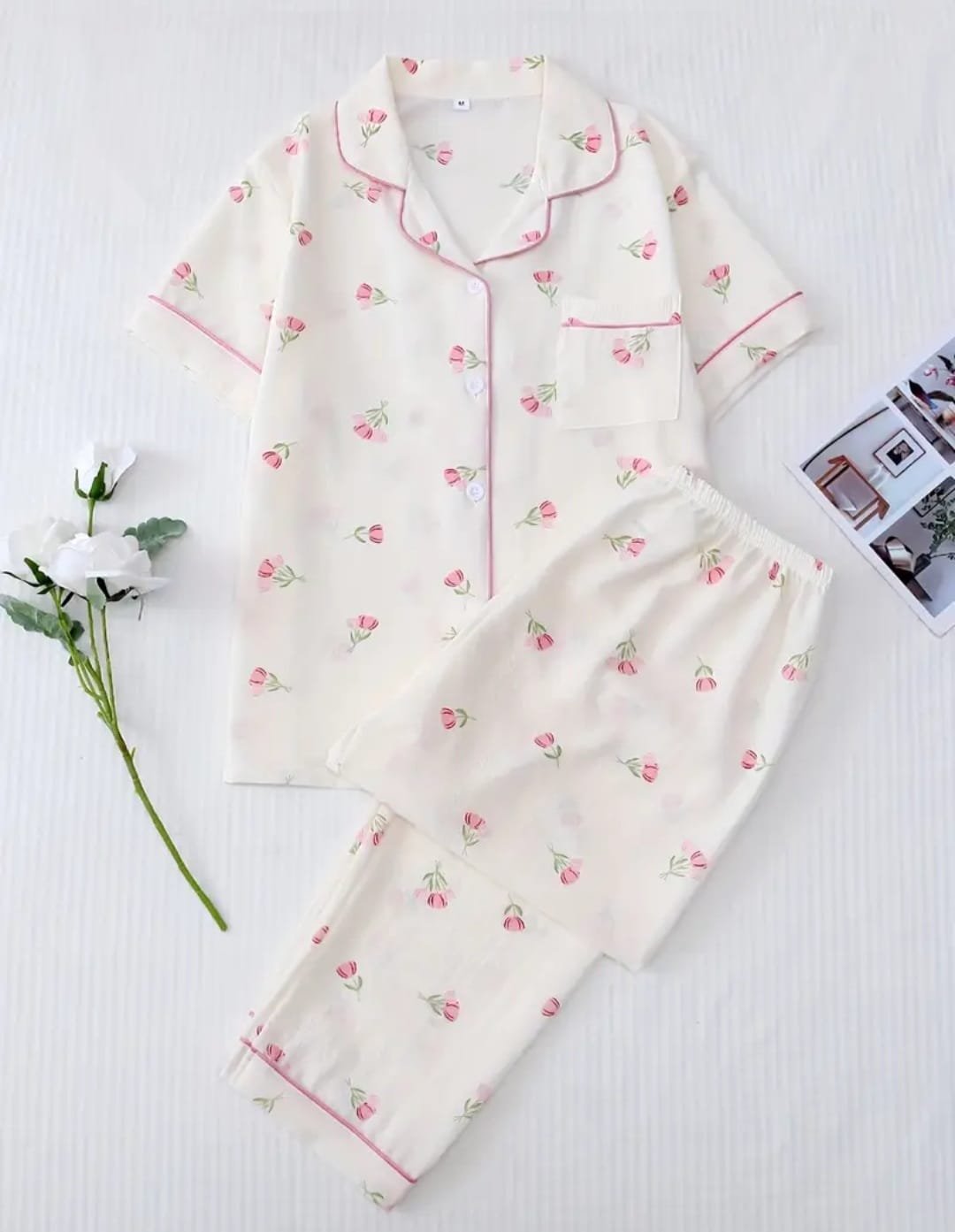 Women Sleepwear, Pink Floral/White