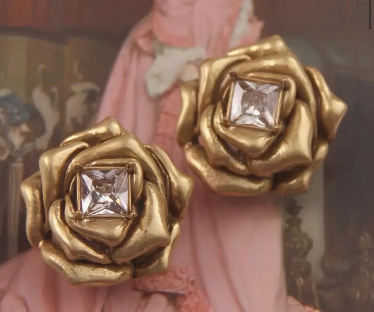 Second image of Vintage Royal Style Flower Ear Studs with Synthetic Diamonds