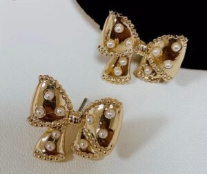 Elegant Bow Tie Stud Earrings with Faux Pearls