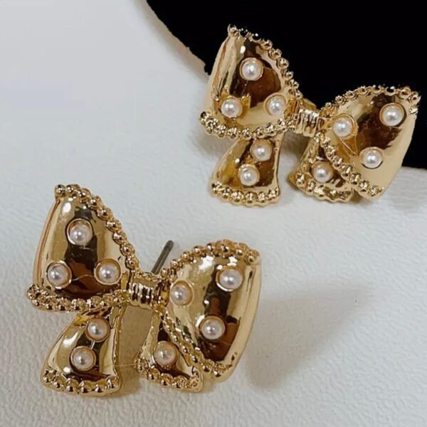Elegant Bow Tie Stud Earrings with Faux Pearls