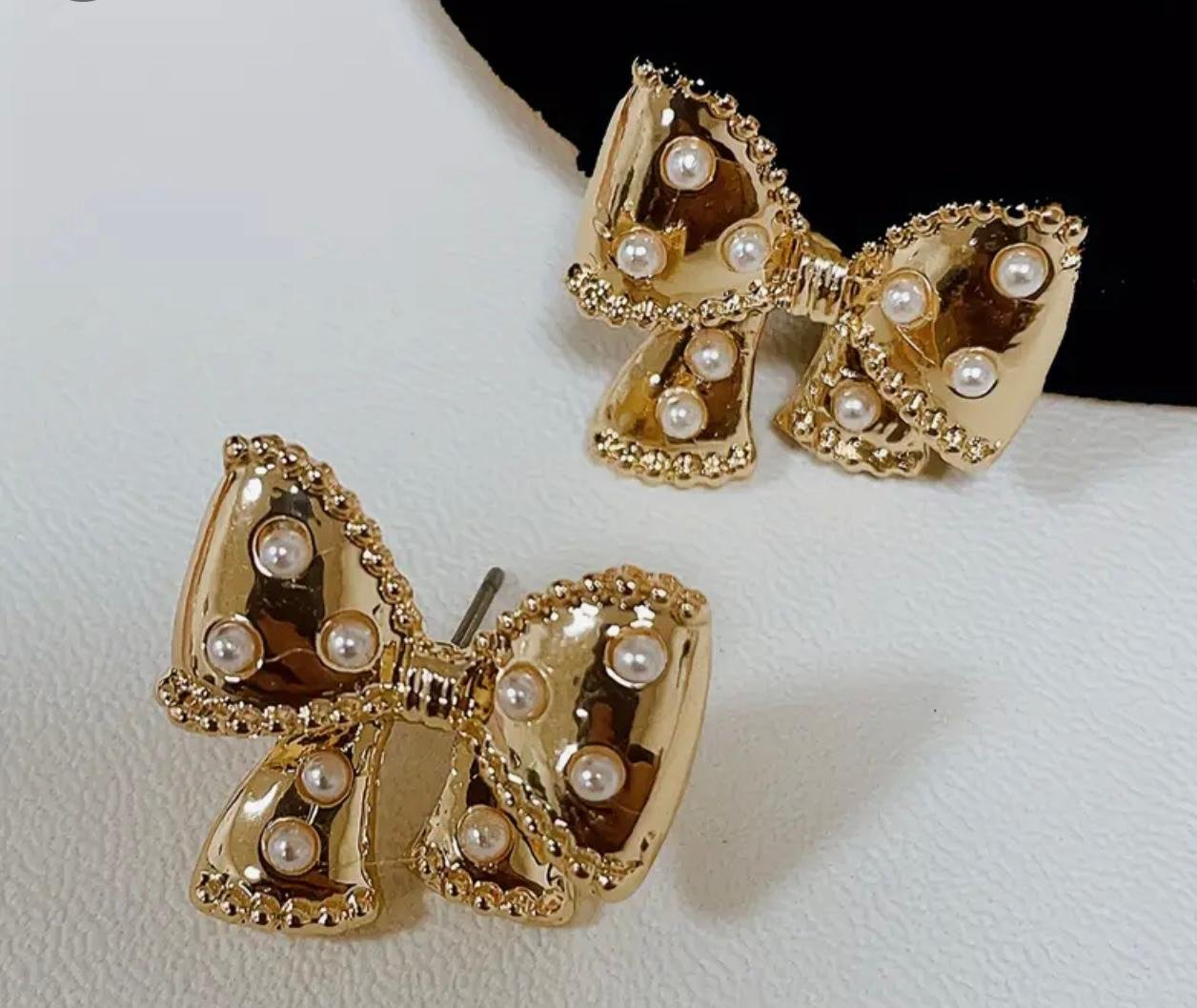 Elegant Bow Tie Stud Earrings with Faux Pearls