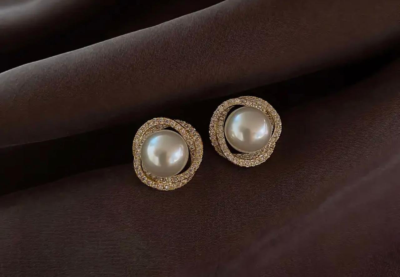 5 BUSINESS DAYS Pair of Gold Plated Spiral Stud Earrings with Rhinestones