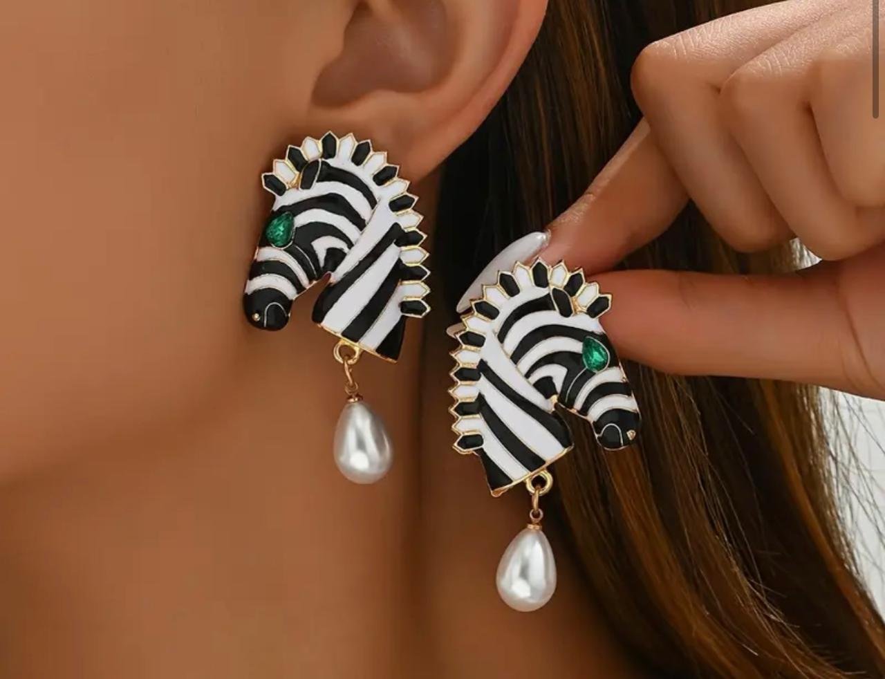 Second image of Boho Elegant Zebra Drop Earrings with Pearl Accents