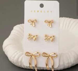 3 Pairs Gold Bow Earrings Set
