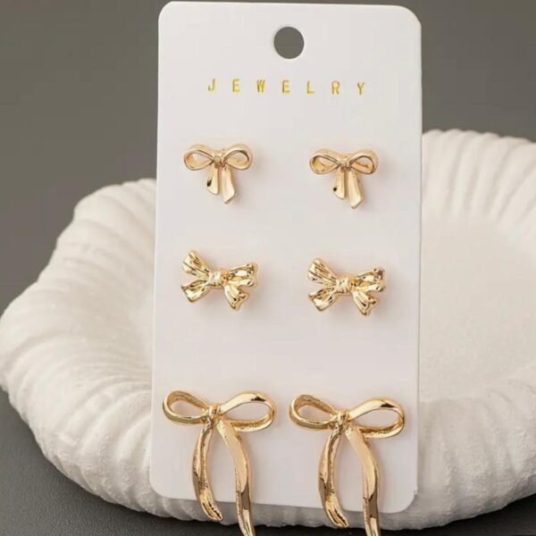 3 Pairs Gold Bow Earrings Set