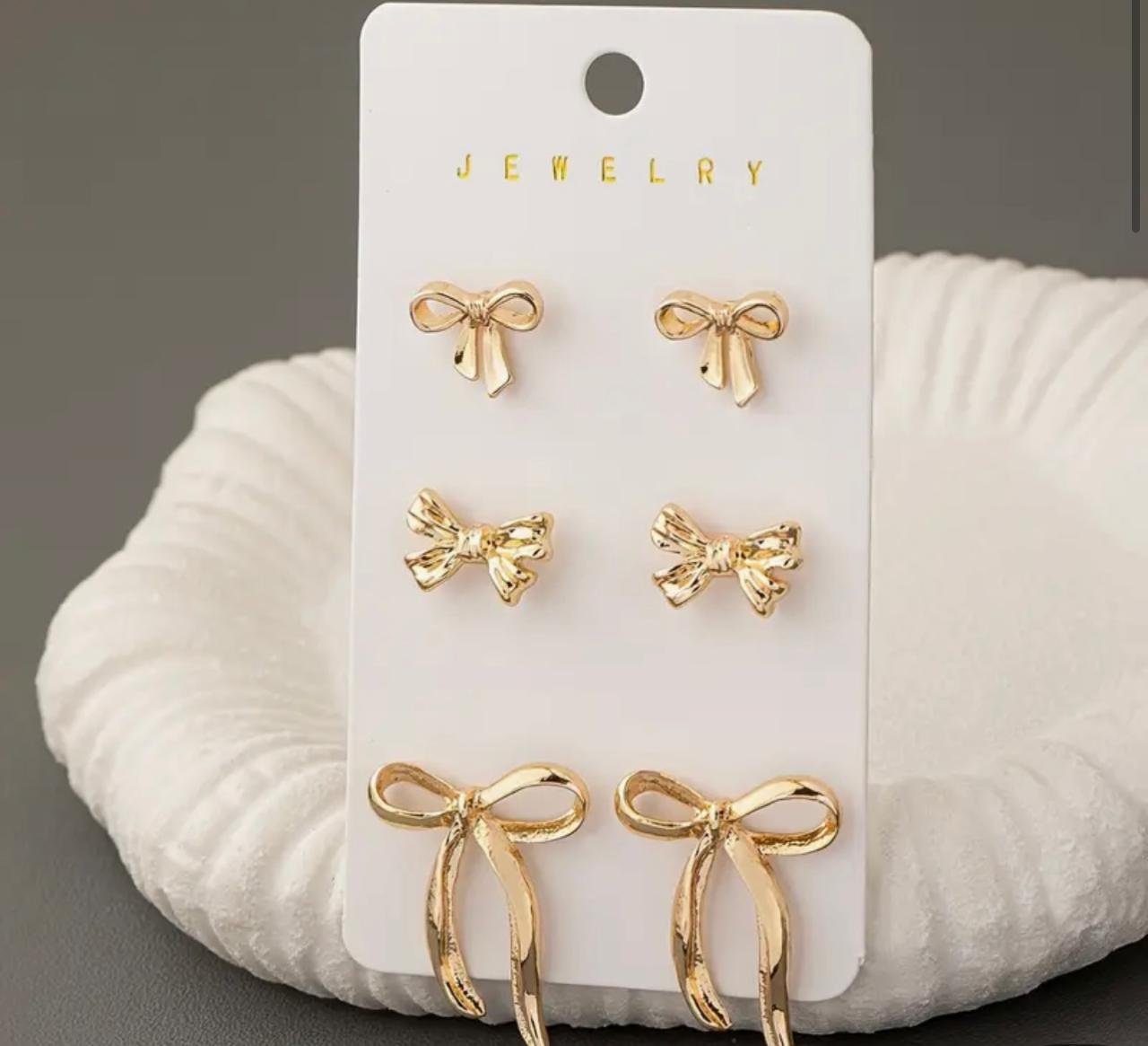 3 Pairs Gold Bow Earrings Set